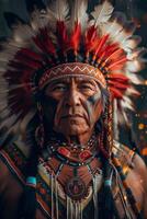 AI generated Portrait of a Native American in Traditional Attire photo