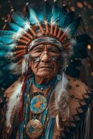 AI generated Elder Native American Chief in Traditional Attire photo