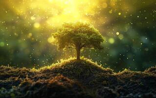 AI generated A solitary tree stands on a small hill, its leaves basking in the ethereal glow of sunlight photo