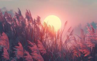 AI generated A serene sunset bathed in pastel hues forms the perfect backdrop for the delicate dance of reeds swaying in a gentle breeze photo