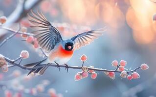 AI generated Bullfinch Bird in Flight at Dusk photo