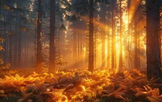 AI generated The morning sun filters through a dense pine forest photo