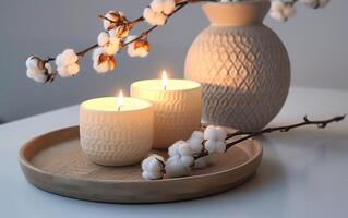 AI generated Lit candles in textured holders on a wooden tray, accompanied by soft cotton branches photo