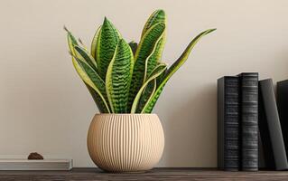 AI generated A potted snake plant adds a touch of greenery to a minimalist shelf arrangement photo