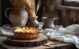 AI generated A classic pie rests on a wooden slab, with the glow of morning light illuminating its golden crust photo