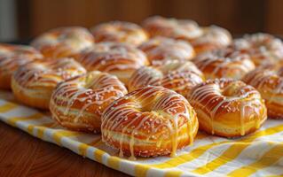 AI generated Close up of caramel drizzle atop golden brown pretzels photo