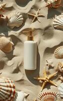 AI generated Aesthetic arrangement of a lotion dispenser among scattered seashells and starfish on sandy beach photo