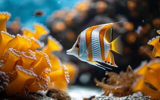 AI generated A vividly striped Copperband butterflyfish swims gracefully near the vibrant corals photo