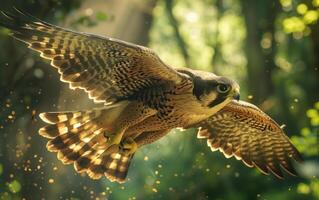 AI generated In the golden light of dusk, a peregrine falcon soars with outstretched wings photo