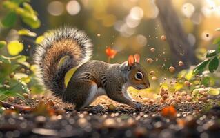 AI generated A dynamic image of a squirrel engaged in a fervent search for nuts among a dappled sunlight forest photo