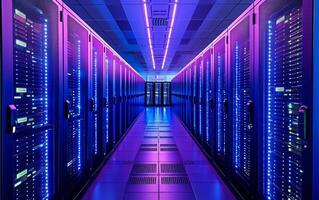 AI generated The symmetrical view of a data center with illuminated server racks photo