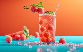 AI generated Icy cocktail with watermelon and frozen berries, garnished with fresh mint photo