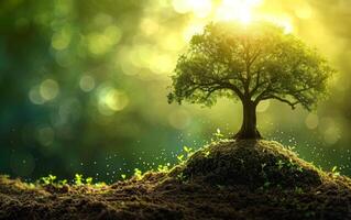 AI generated A solitary tree stands on a small hill, its leaves basking in the ethereal glow of sunlight photo