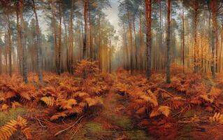 AI generated The forest stands in muted silence, its floor a carpet of russet ferns photo