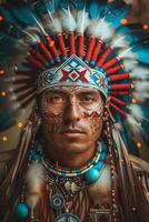 AI generated Portrait of a Person in Traditional Native American Headdress photo