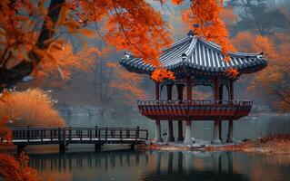 ai generado otoño serenidad a un tradicional asiático pabellón foto