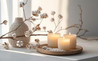 AI generated Lit candles in textured holders on a wooden tray, accompanied by soft cotton branches photo