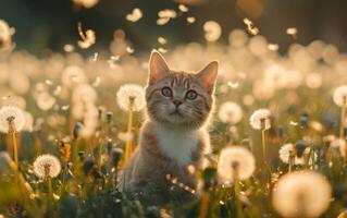 ai generado un cautivador atigrado gato se sienta en medio de un campo de diente de león foto