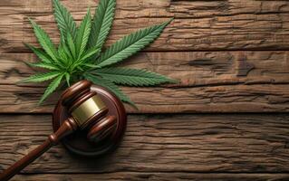 AI generated A symbolic representation of cannabis law with a wooden judge gavel and cannabis leaves photo
