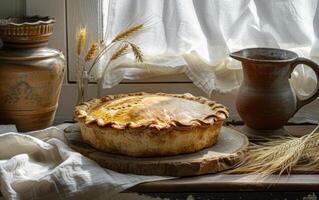 AI generated A classic pie rests on a wooden slab, with the glow of morning light illuminating its golden crust photo