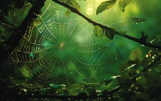 AI generated Dew-kissed Spiderweb in Lush Forest photo