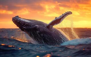 ai generado un asombroso monitor de un jorobado ballena incumplimiento el Oceano superficie con un dramático puesta de sol foto