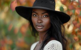 ai generado un cerca arriba retrato de un mujer adornado con un amplio rebosante sombrero foto