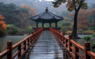 AI generated Tranquil Lakeside Pavilion in Autumn photo
