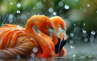 ai generado flamencos en el lluvia foto