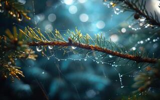 AI generated A macro photograph captures the luminous beauty of dewdrops adorning a spider web photo