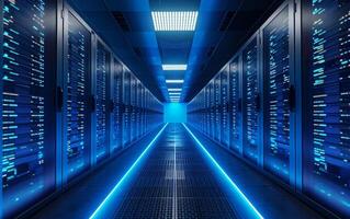 AI generated The symmetrical view of a data center with illuminated server racks photo