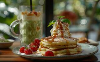 AI generated Delicious Pancake Stack with Fresh Berries photo