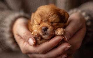 AI generated A tiny, newborn puppy sleeps snugly in the caring cradle of human hands photo