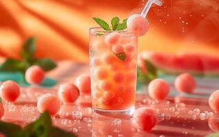 AI generated Icy cocktail with watermelon and frozen berries, garnished with fresh mint photo