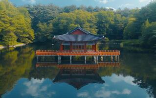 AI generated Tranquil Lake Pavilion photo