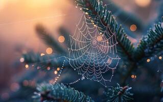 AI generated Dew-Kissed Spiderweb on Pine Branch photo