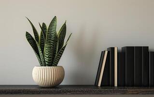 AI generated A potted snake plant adds a touch of greenery to a minimalist shelf arrangement photo