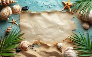 AI generated An overhead view of a summer beach-themed backdrop, featuring a blank paper scroll for mockup designs photo