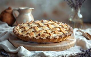 AI generated Golden hue of a freshly baked apple pie, with a perfect lattice crust photo