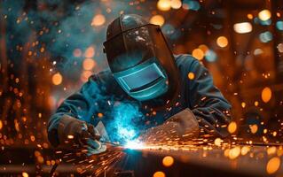 AI generated A welder on the task, with sparks flying around as the welding arc lights the dark workshop. photo