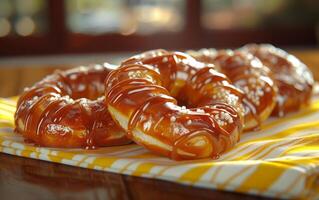 AI generated Close up of caramel drizzle atop golden brown pretzels photo