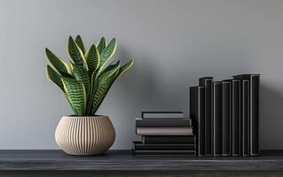 AI generated A potted snake plant adds a touch of greenery to a minimalist shelf arrangement photo