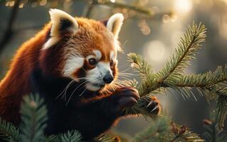 ai generado rojo panda en medio de Mañana ligero foto