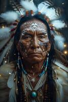 ai generado indígena mayor retratado con tradicional atuendo foto