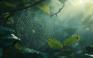 AI generated Dew-Kissed Spider Web Amongst Green Leaves photo