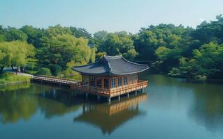 AI generated Tranquil Lake Pavilion photo