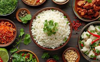 AI generated A bowl of cooked white rice surrounded by an assortment of vibrant spices and herbs photo