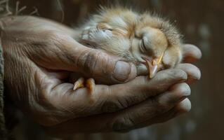 ai generado recién nacido polluelo en humano manos foto