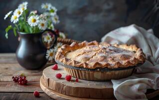 AI generated Homemade Pie with Berries and Flowers photo