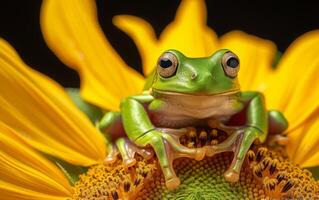 AI generated A green tree frog perches on the rich, brown center of a bright yellow sunflower photo